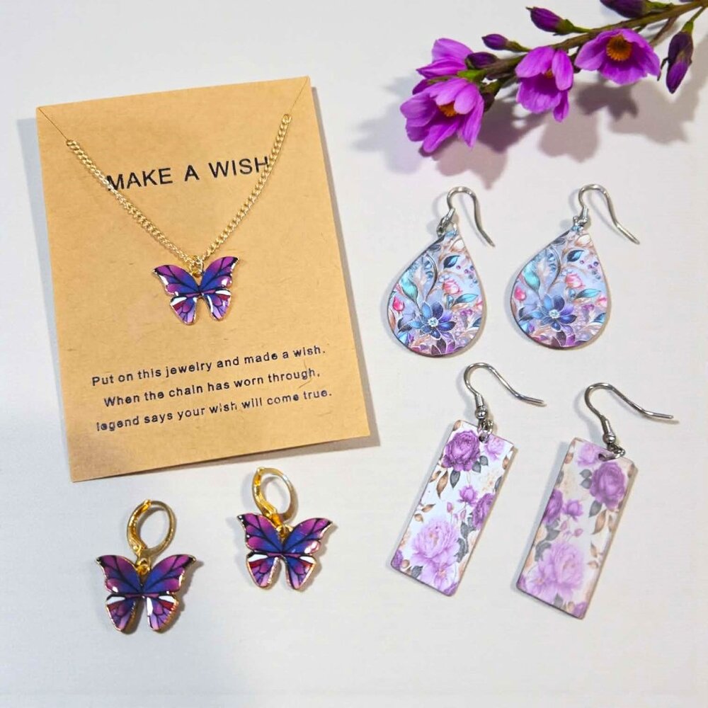 Purple Tones Butterfly Earring/necklace On Card And Bracelet Set
